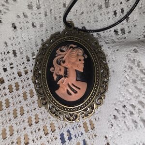 Pink Lady Skeleton Cameo Pendant In Bronze Frame, 16-18 Adjustable Cord Necklace